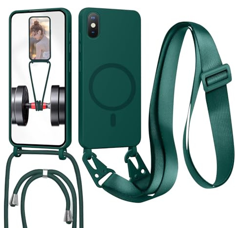 GoodcAcy Crossbody Lanyard Case for iPhone XS Max, [Compatible with MagSafe] Magnetic Case with Strap Adjustable and Removable Neck, Anti-Fingerprint Cover, Green