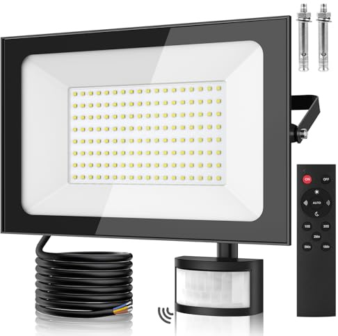 Sararoom Focos LED Exteriores con Sensor de Movimiento 150W, 15000LM Foco Proyector LED, 6500K Blanca fría Luz de Seguridad, IP65 Impermeable Floodlight para Jardín Garaje Patio Estadio Hotel Naves