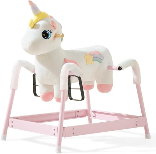 FUNLIO Einhorn-Federschaukelpferd für Kinder 3-6 Jahre, Regenbogenfeen-Reitpferd mit geschütztem Feder & stabilem Rahmen, Wiehern & Galoppgeräusche für Rollenspiele, Pferdespielzeug-Geschenk - Weiß