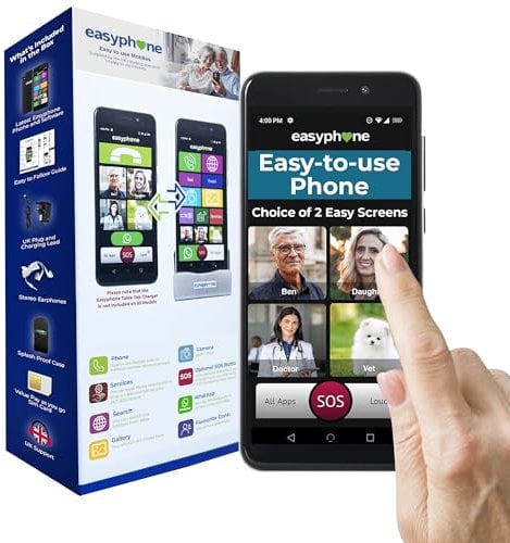 Simple Easy Phone Smartphone – Easy to Use, Unlocked Mobile for Elderly, 6.5 Bright Screen, Loud, 4G SOS GPS, UK Support, WhatsApp, Charging Dock & Case – No Contract, All Networks - Latest Software