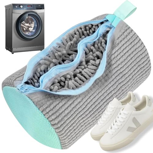 VIBINHO 2 en 1 Sac Lavage Chaussures Machine à Laver, Sac Lavage Chaussures Réutilisable avec Double Fermeture Éclair et Poches, et 360° Polaire de Nettoyage, pour Tous Types et Tailles Souliers, Gris