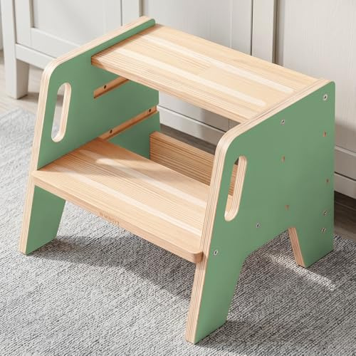 WINGYZ Tritthocker Kinder 2 Stufen aus Holz Zweistufiger Hocker mit 3 verstellbaren Höhen, 2 Griffen & Anti-Rutsch Pads, tragbar Kinderhocker für Badezimmer, Küche & Waschbecken ab 2 Jahren (grün)