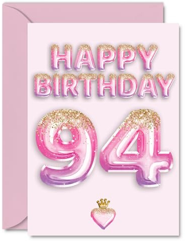 94th Birthday Cards for Women and Men, Pink & Purple Glitter Balloons | Happy Birthday Card for 94 Year Old Man Woman Dad Grandma Wife or Husband, A5 Bday Greeting Cards