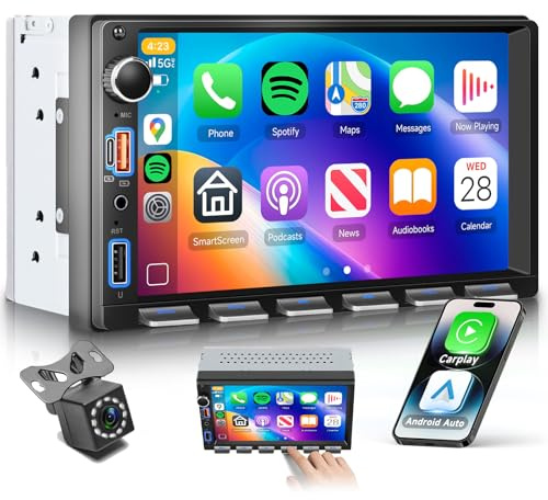 VECHTEL 7 Radio de Coche 2 DIN con carplay inalámbrico Android Auto, Radio FM con Blurtooth,navegación GPS, 2 USB/SD/AUX, vídeo Online,Mirror Link,con cámara de Marcha atrás/Teclas de Piano