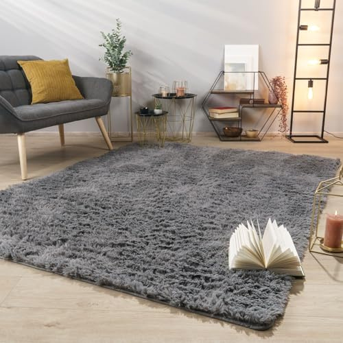 TT Home Teppich Wohnzimmer Hochflor Langflor Weich Soft Modernes Einfarbiges Design, Farbe: Grau, Größe:120x160 cm
