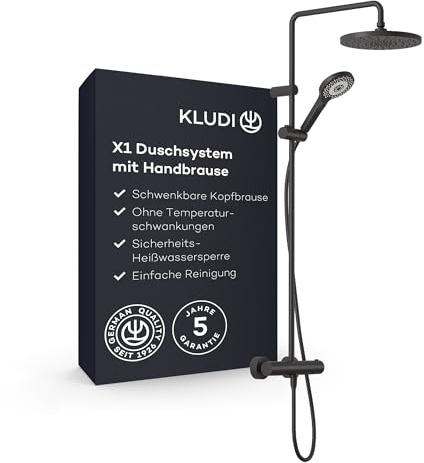 KLUDI-X1 Duschsystem mit Kopf- und Handbrause, Thermostat Dual Shower System, Mattschwarz, Wandmontage, Thermostatarmatur, Ø 250 mm Kopfbrause, 3 Strahlarten, 6906739-81