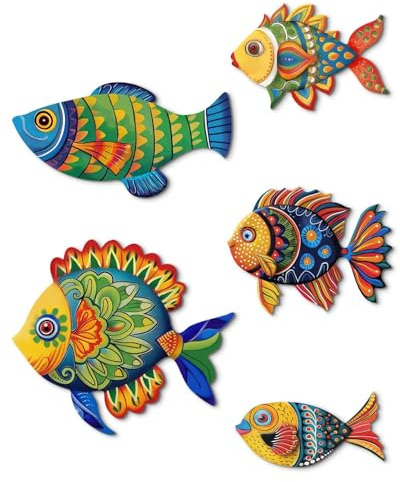 Putuo Decor 5er Set Wanddeko Fische aus MDF bunt, Tropische Maritime Küstendeko für Bad Küche Wohnzimmer Terrasse, farbenfrohe Meer Wandfiguren