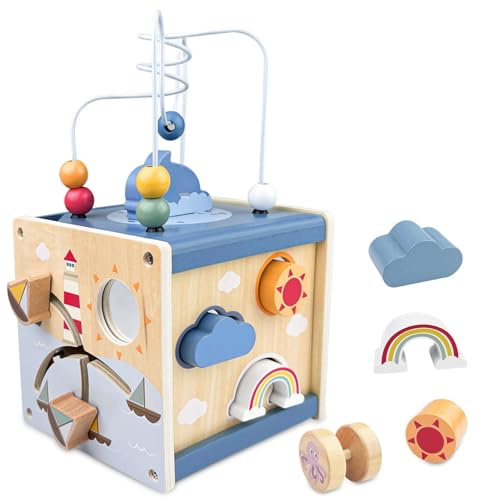 Ravytha Motorikwürfel, Motorikspielzeug, 6 In 1 Activity Würfel, Motorikschleife, Montessori Würfel, Motorikspielzeug Holz, Montessori Motorikwürfel, Aktivitätswürfel für Kinder ab 12 Monaten