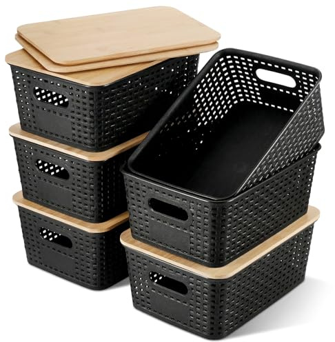 Huiguli 6 Pack Black Plastic Storage Boxes with Bamboo Lid | Wicker Stackable Storage Baskets with Lids, Drawer Storage Organization, Food Storage Containers for Kitchen, Bathroom,Office