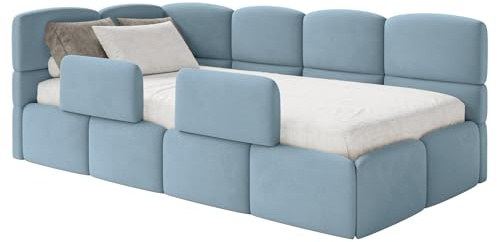 Selsey Jugendbett 120x200cm Hellblau gepolstert mit Stauraum und Lattenrost, Polsterbett Kinderbett mit 2 Schutzbarrieren, Jugendbett linksseitig mit Bettkasten, Bett 120x200 für Kinderzimmer
