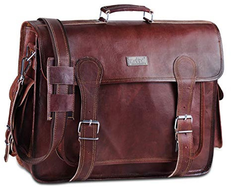 HULSH Handgefertigte Welt-Kuriertasche für Herren, Leder, 45,7 cm (18 Zoll), für große Frauen, Schultertasche, Braun, Laptop-Computer-Aktentasche, bester Vintage-Look, braun, L, Vintage