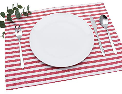 FILU Tischset 4 Stück Rot/Weiß gestreift (Farbe und Design wählbar) 33 x 45 cm - hochwertig gefertigte Platzsets aus 100% Baumwolle im skandinavischen Landhaus-Stil