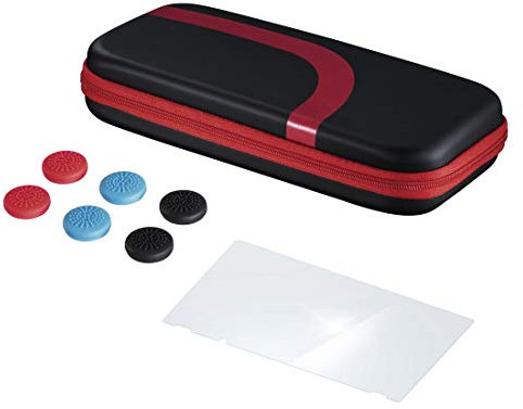 Hama Zubehör Set für Nintendo Switch (Tasche, Schutzglas und Thumbstick-Kappen für Joy-Con, Schutz Case für Konsole, Controller-Aufsätze, Displayschutz, Aufbewahrung, Standfunktion), Schwarz/Rot