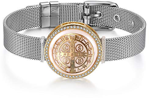 JewelryWe Schmuck Mesh Armband Damen Edelstahl Zirkonia Exorcism St Benedict Kreuz Charms Armkette Armreif Charmband mit Weiß Abalone Muschel Gold Silber