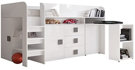Etagenbett für Kinder Ritmo I, Stockbett mit Kleiderschrank, Schreibtisch, Kinderbett, Farbauswahl (Weiß/Weiß Hochglanz + Grau Griffe, ohne Matratze)