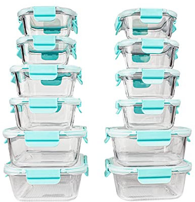 Glass Food Containers Storage Organizers for Kitchen Pantry | BPA Free | Leak Proof | Odor Proof | Stain Resistant | 12 Sets | Freezer and Oven Safe (Blue)