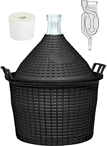 Weinballon mit Korb + Gärröhrchen + Gummistopfen Gäreimer Glasballon Gärballon Glas (Weinballon 5L SET)