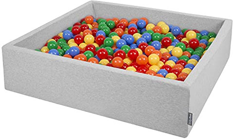 KiddyMoon Quadrat Bällebad Bällepool 120X30cm/200 Bälle ∅ 7Cm Eckig Ballgruben Für Babys Spielbad Kleinkinder, Hergestellt In Der EU, Hellgrau:Gelb-Grün-Blau-Rot-Orange