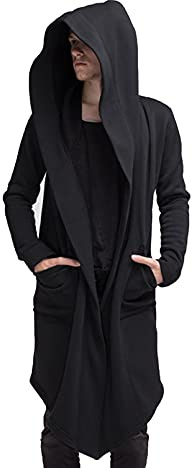 Herr Hooded Poncho Cape Cloak Long Cardigan Open Front Draped Lightweight Shawl Windbreaker Fritidsrockar Jackor,Black,XL