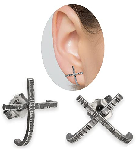 X-Form Huggie Ohrringe aus 925 Sterlingsilber Oxidiert Gehämmert - Geometrisch Ausgefallen Dark - Nickelfrei Hypoallergen - Handmade by Emmanuela