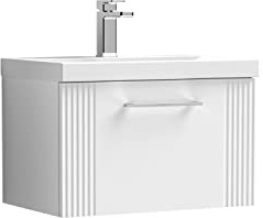 nuie DPF194D Deco Modern Bathroom Wall Hung 1 Drawer Part Fluted Vanity Basin Unit with Thin-Edge Ceramic Basin, 600mm, Satin White
