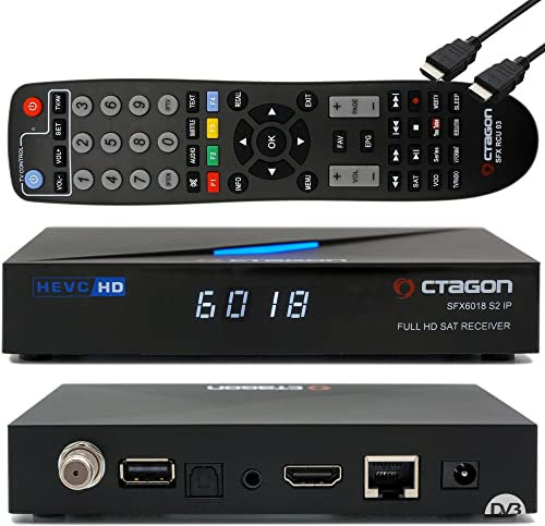 Octagon SFX6018 S2+IP no WiFi H.265 HEVC 1x DVB-S2 HD E2 Linux Smart Receiver, Satelliten Receiver mit Aufnahmefunktion, Kartenleser, YouTube, Web-Radio, EasyMouse HDMI-Kabel, Schwarz
