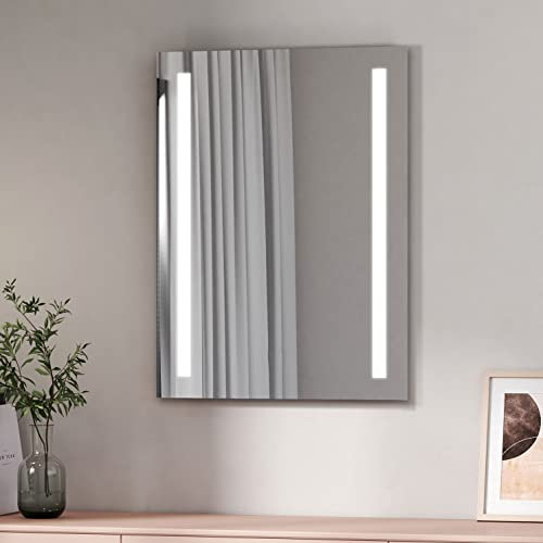 EMKE Spiegel mit Beleuchtung Badspiegel mit Beleuchtung 80x60cm LED Badspiegel mit Taste/Beschlagschutz/Explosionssichere Folie/Warmweißes Licht und Kaltesweißes Licht Badezimmer Wandspiegel IP44