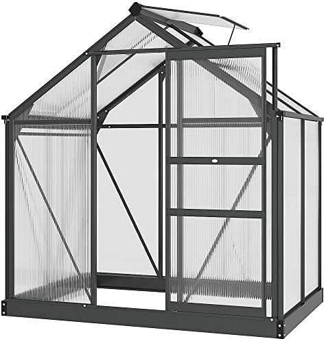 Outsunny 6 x 4ft Polycarbonate Greenhouse, Large Walk-In Green House with Slide Door and Window, Garden Plants Grow House with Aluminium Frame and Foundation, Grey