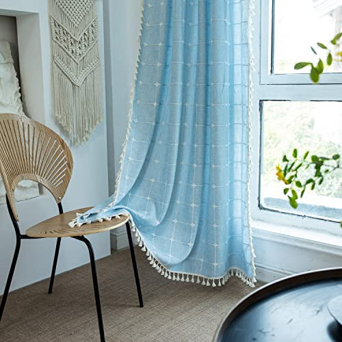 SASIGAYA Gardinen Baumwolle Leinen Boho Vintage Kariert Vorhang Blau Bestickte Quasten Vorhänge Landhausstil Verdunklungsvorhänge für Modern Schlafzimmer Wohnzimmer H244×B132cm 2 Stück