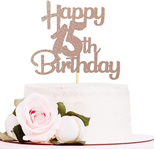 Sotpot 1PC 15th Birthday Cake Topper Rose Gold Glitter 15th Cake Decorations for 15th Birthday Anniversary Party Supplies