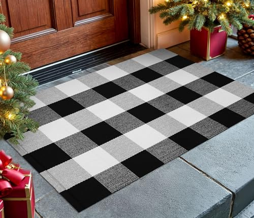 KOZYFLY Buffalo Plaid Teppich, 60 x 91 cm, Schwarz-Weiß Kariert, Waschbar, Haustürmatte, Handgewebte Baumwolle, Outdoor für Veranda, Küche, Eingang, Terrasse, Badezimmer