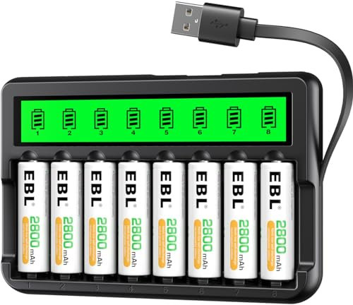 EBL 8PCS Piles Rechargeables AA 2800mAh+ LCD Chargeur de Piles Rechargeables, avec Ports d'Entrée USB et Port Micro USB, pour AA/AAA/Ni-MH Piles Rechargeables