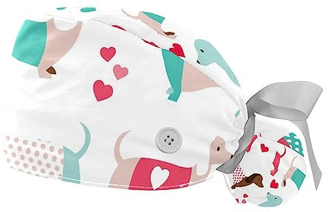 FVQL 2 Stück Bouffant OP-Haube für langes Haar, Doctor Cap Scrub Cap, Hund Dackel Tier und Herz