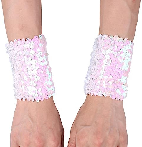 MSemis 1 Paar Damen Glänzende Pailletten Handschuhe kurz Fingerlose Armstulpen Abnehmbarer Wrist Stulpen Stretchy Manschetten Performance Cosplay Kostüm Weiß Einheitsgröße