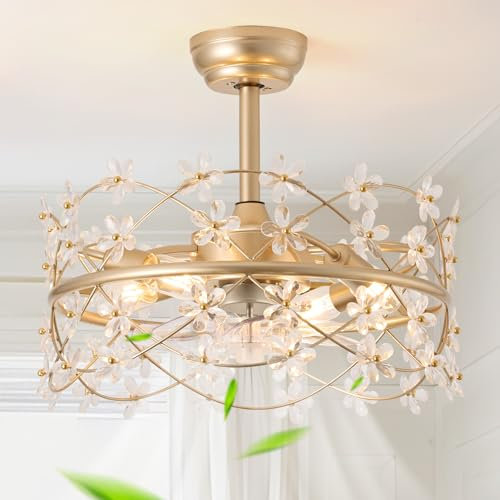 Youngrender Ceiling Fan 20 Inch Gold with Light Flower Chandelier Remote Control Modern Crystal Ceiling Fan 6 Speed for Girls Room Living Room