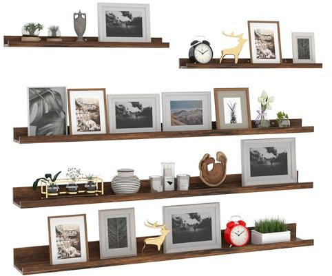 Giftgarden 120cm Lang Wandregal Holz, Braun Großer Schweberegal Bilderleiste für Wohnzimmer, Küche, Kinderzimmer, Schlafzimmer oder Büro - 5 Stück mit Verschiedenen Größen