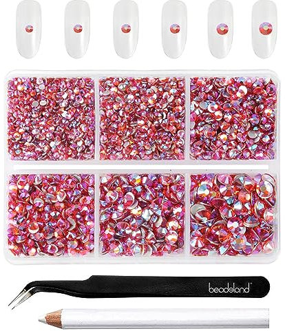 Beadsland 4300pcs Flatback Nail Rhinestones,Orange AB Rhinestones Round Crystal Gems for Crafts,Mixed 6 Sizes with Picking Tweezers and Wax Pencil Kit,SS6-SS20,Hyacinth AB