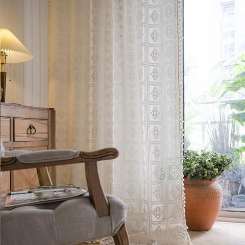 Freyamy Vorhang 2er Set Transluzente Beige,Bestickte Vorhänge mit Stangendurchzug,Stickerei Spitze Gardinen Vintage,Tür Transparent Stangentaschen-Vorhang 220x150cm für Wohnzimmer Schlafzimmer