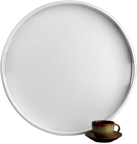 HofferRuffer Extra Large Round Serving Tray, Elegant Faux Leather Circle Ottoman Table Tray with Handles, Serve Tea, Coffee or Breakfast in Bed, Diameter 23.6 x 2.4 inches Height (White)