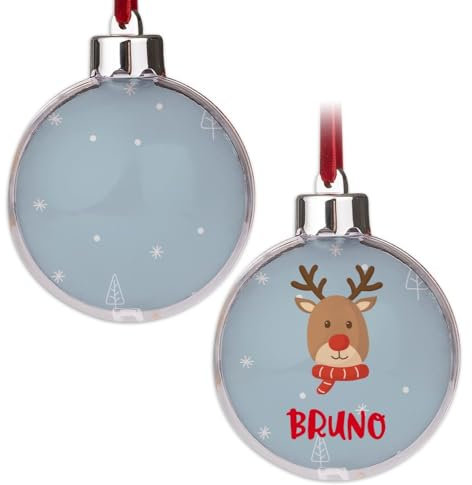 Wanapix | Bola de Navidad Personalizada con Nombre | 2 Caras | Imagen Intercambiable | Bola Árbol de Navidad | Decoración Navideña | 8 cm | Reno