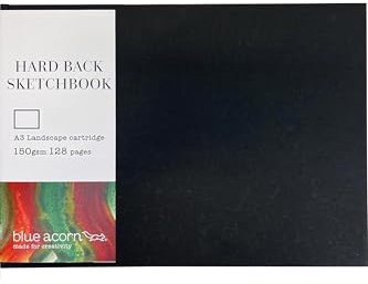 BLUE ACORN - A3-Skizzenbuch im Querformat, Hardcover, 64 Blatt, 150 g/m², Mehrzweck-Papier, schwarzer Einband mit Seitenmarker, ideal für leichte Farbwaschungen, Bleistifte und Skizzieren