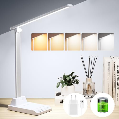 Lampada da Tavolo, Lampada da Scrivania con 2500mAh Batteria, Lampada da Tavolo Senza Fili, 5 Modalità di Luce x 10 Livelli di Luminosità, USB Lampada Scrivania, Timer 30/60min Lampada Led da Tavolo