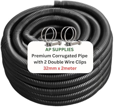 32mm x 2meter Flexible Pond Hose Corrugated Pipe with 2 Clips - Double-Wired Hose Clips for Pond Pumps, Filters, Drainage – Corrugated Water Butt Connector Pipe - Black