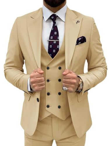 TIJOFA Costume 3 pièces pour Homme, Coupe ajustée, Double Boutonnage, Costume de Mariage Classique à Un Bouton, Formel, Bal de Fin d'année, Smoking, Champagne, Taille M