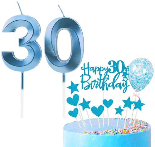 Bolosa 30th Birthday Candles Set, Number 30 Candle, 30th Birthday Decorations for Girls Boys Party, Wedding Anniversary (Blue, Number 30)