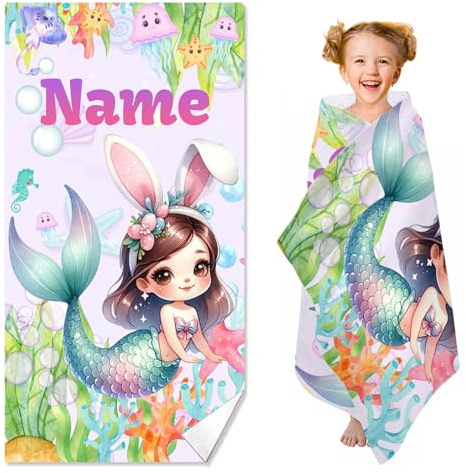 KARPIX Personalisiert Strandtuch Badetuch mit Namen, Anime Meerjungfrau Badetuch Strandlaken Handtuch, Individuellem Meerjungfrau Badehandtuch für Mädchen Kinder (70x140cm)