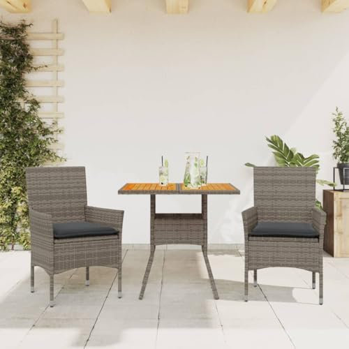 Gecheer 3-TLG. Sitzgruppe 2 Personen Poly Rattan Gartenmöbel Set Balkonmöbel Set Sitzgarnitur Garten Essgruppe mit Auflagen Terrassenmöbel Gartengarnitur 2 Stühle mit Tisch Grau