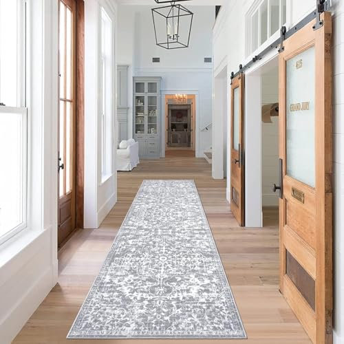 SHACOS Kurzflor Teppich Läufer Flur Lang 60x240 cm Grau rutschfest Flurläufer Lang Küchenteppich Waschbar Boho Teppichläufer für Flur, Küche, Wohnzimmer, Schlafzimmer
