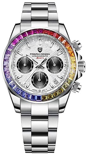 Pagani Design Herren Uhren VK63 Quarzwerk Edelstahl 100M Wasserdicht Panda-Zifferblatt Armbanduhr Chronograph 1644, Regenbogen-Meteorit, Klassisch