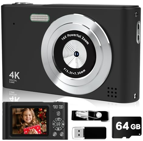 Digitalkamera FHD 1080P mit 64GB Karte, 44MP Digital Point and Shoot Kinderkamera mit Anti-Shake-16X Zoom, tragbare kleine Kamera, Geschenk für Kinder, Mädchen, Jungen, Teenager (Schwarz)